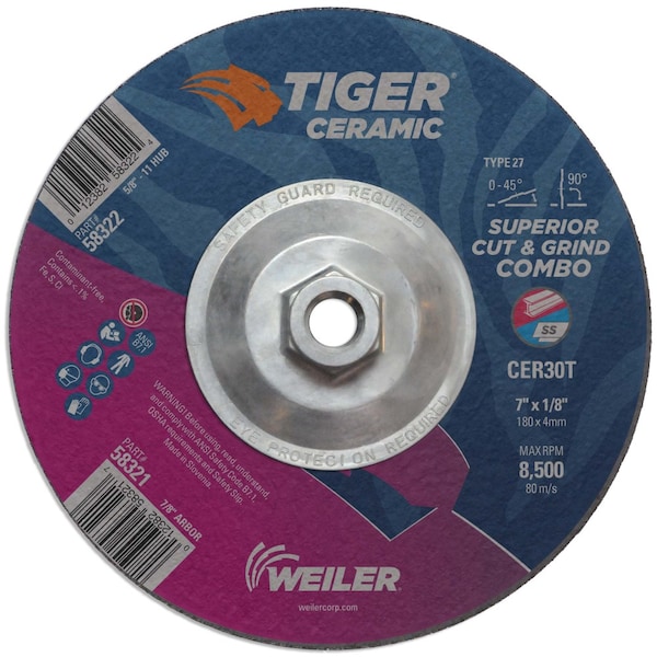 Weiler 7 x 1/8 TIGER CERAMIC Type 27 Cut/Grind Combo Wheel CER30T 5/8-11 Nut 58322 - main